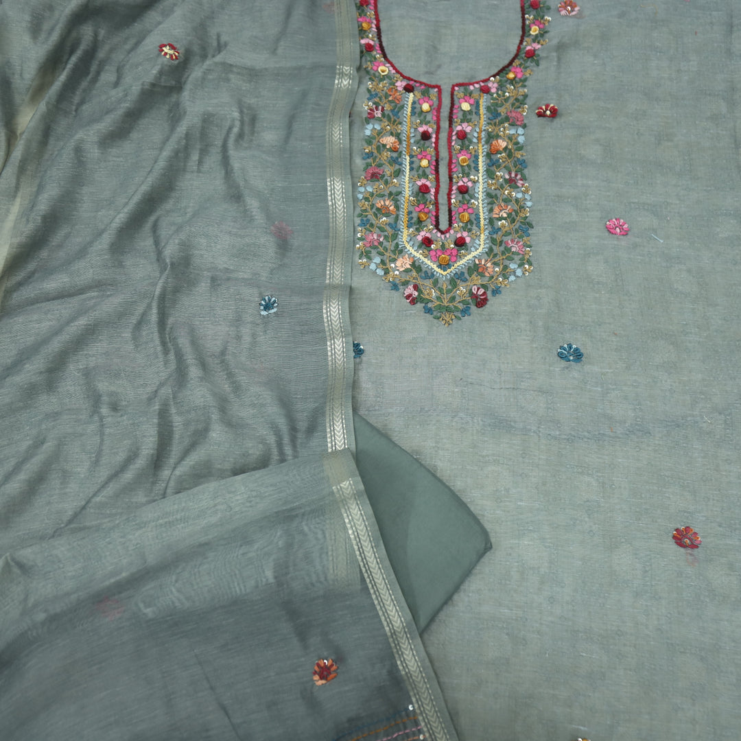 Kohinoor Grey Green Thread Embroidered Neck Work Chanderi Suit Set