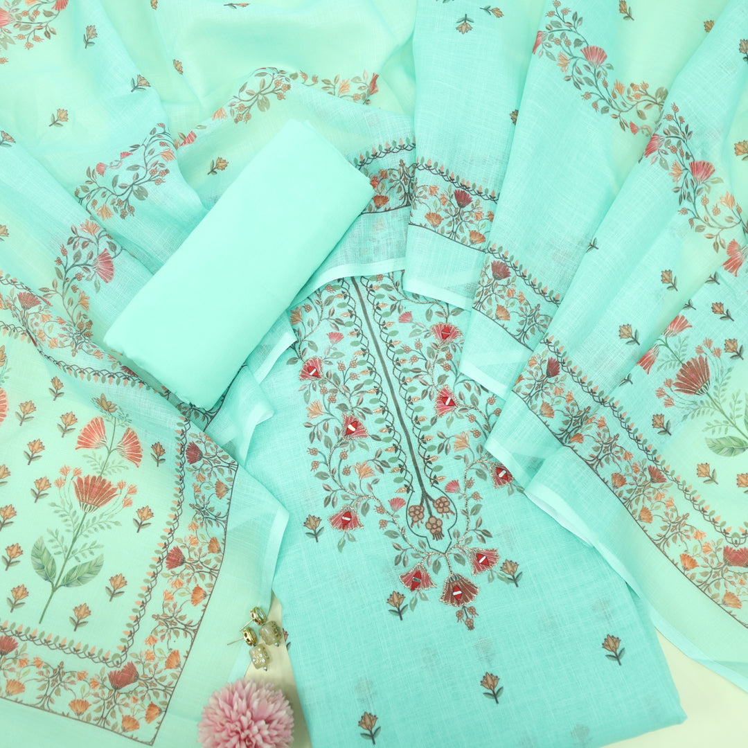 Raabta Spring Green Floral Printed Neck Zari Work Cotton Linen Suit Set