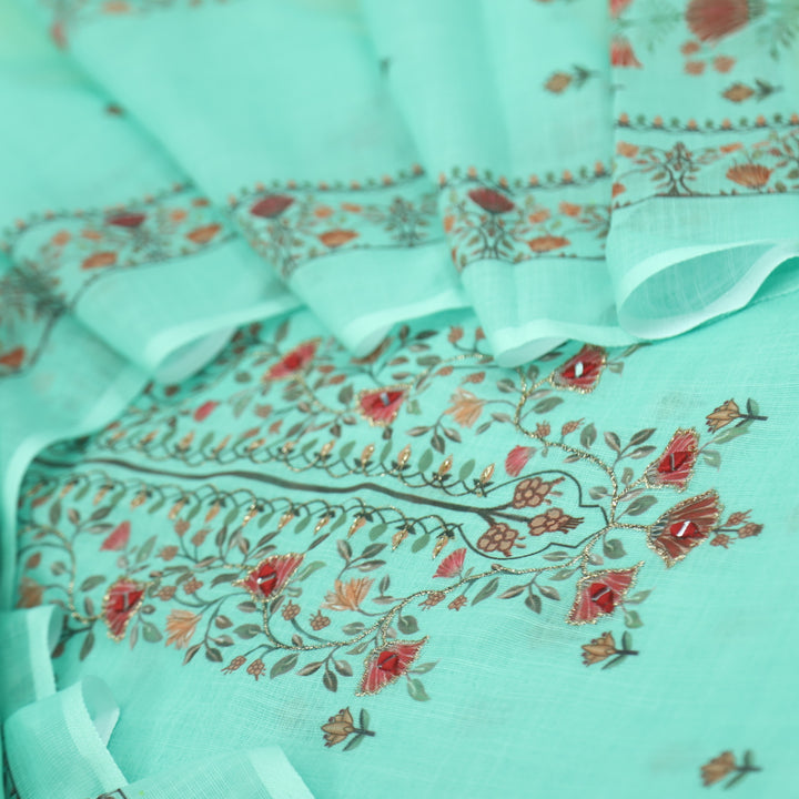 Raabta Spring Green Floral Printed Neck Zari Work Cotton Linen Suit Set