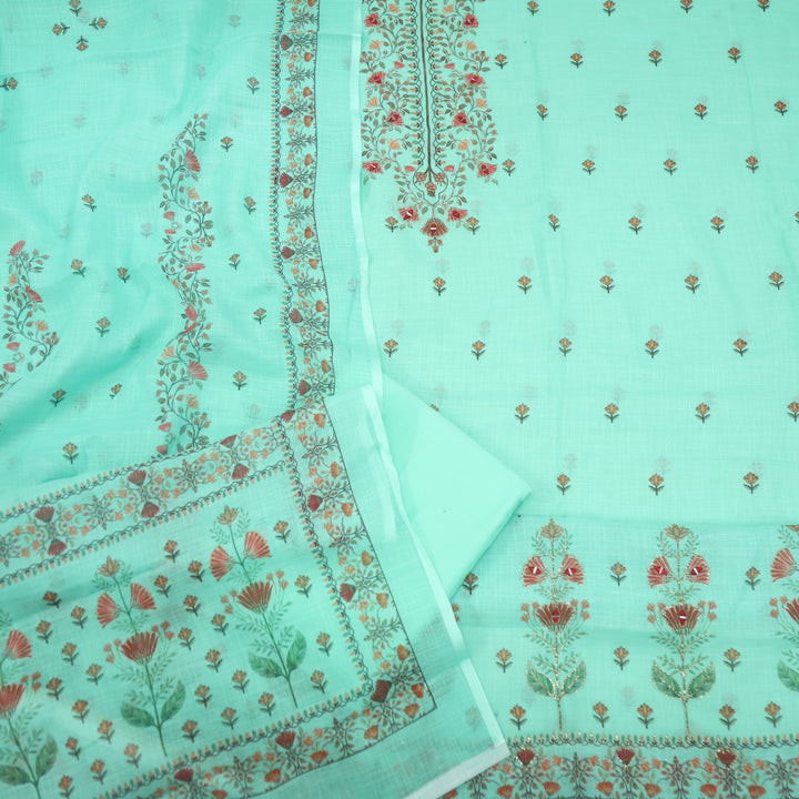 Raabta Spring Green Floral Printed Neck Zari Work Cotton Linen Suit Set