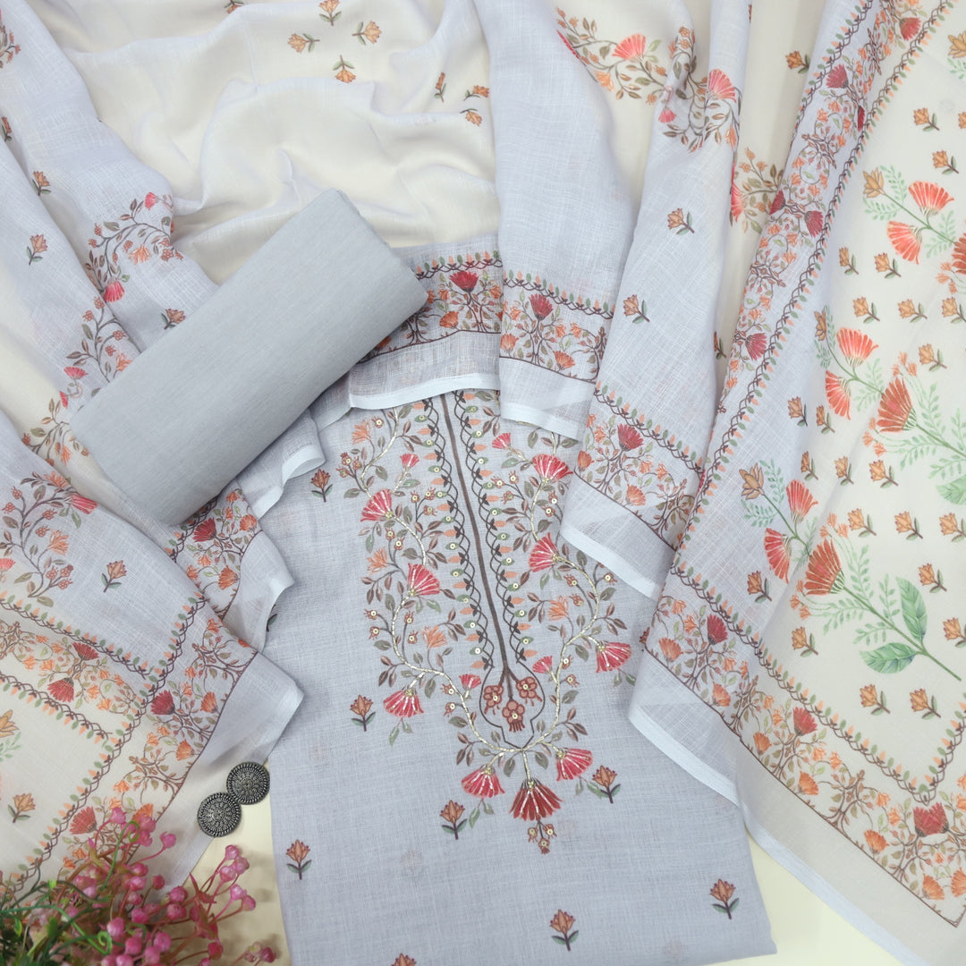 Raabta Abalone Grey Floral Printed Neck Zari Work Cotton Linen Suit Set