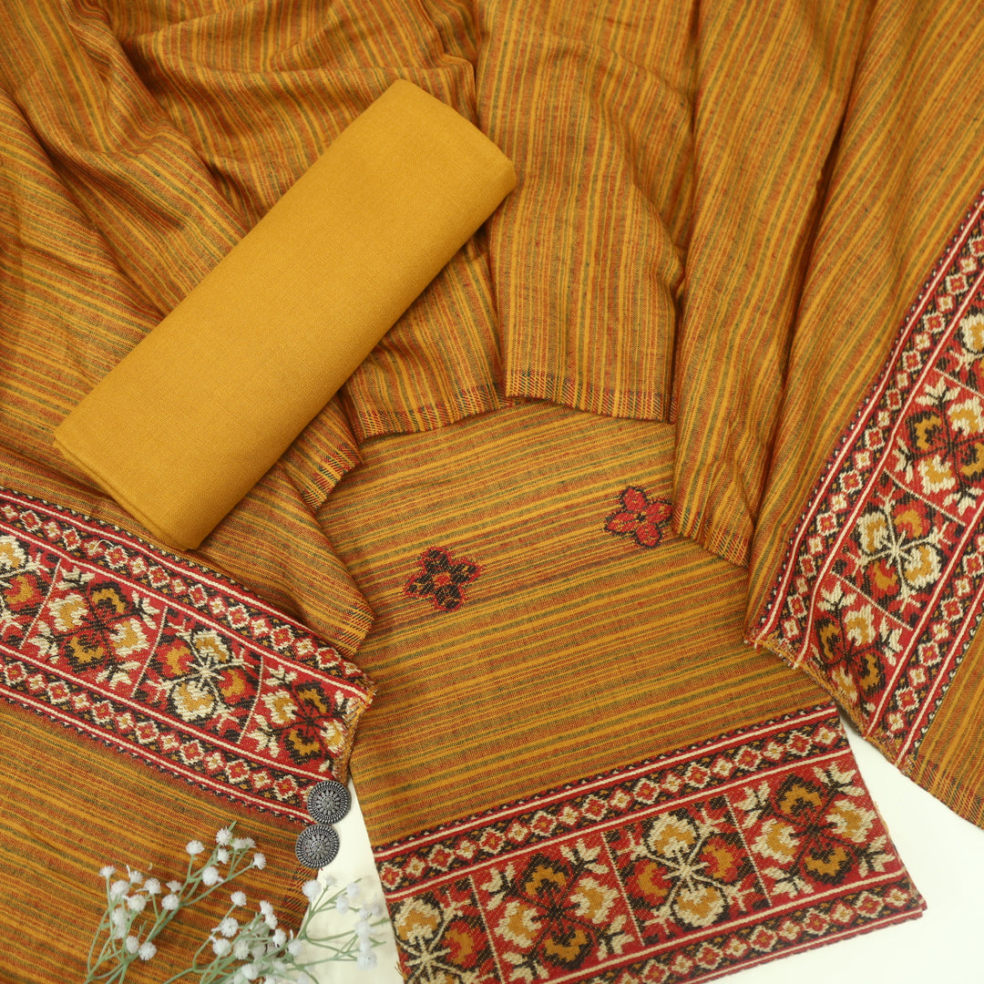 Tarannum Dijon Yellow Thread Weaved Stripe Printed Semi Pashmina Suit Set