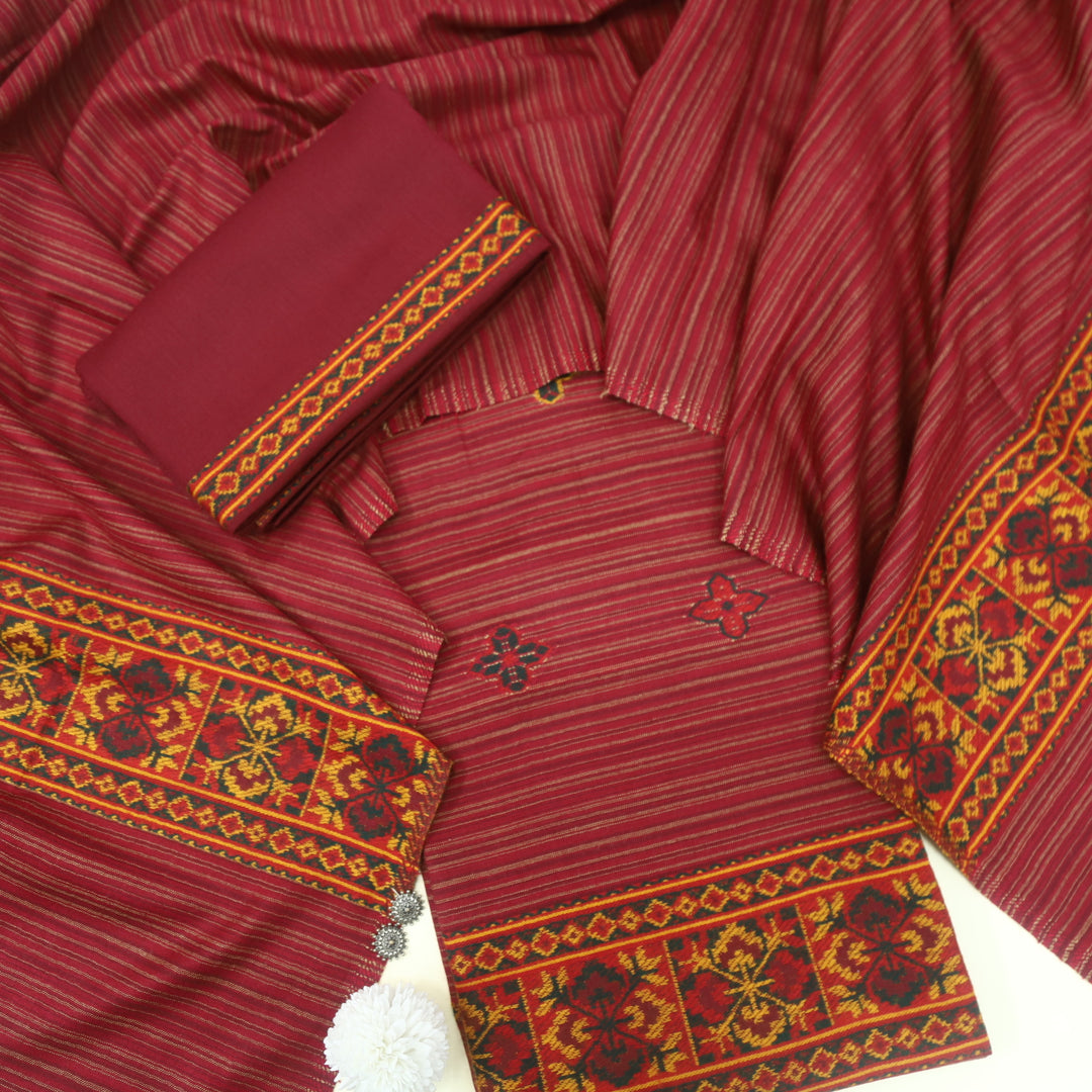 Tarannum Maroon Red Thread Weaved Stripe Printed Semi Pashmina Suit Set