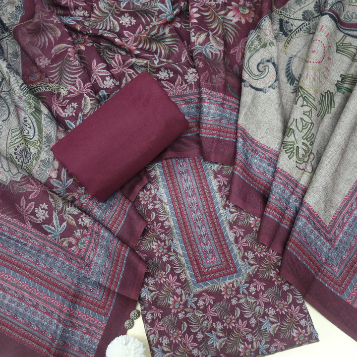 Faryaad Wine Purple Floral Printed Semi Pashmina Suit Set