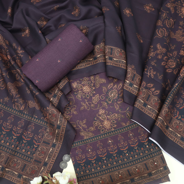 Bulaava Rasin Purple Digital Floral Printed Semi Pashmina Suit Set