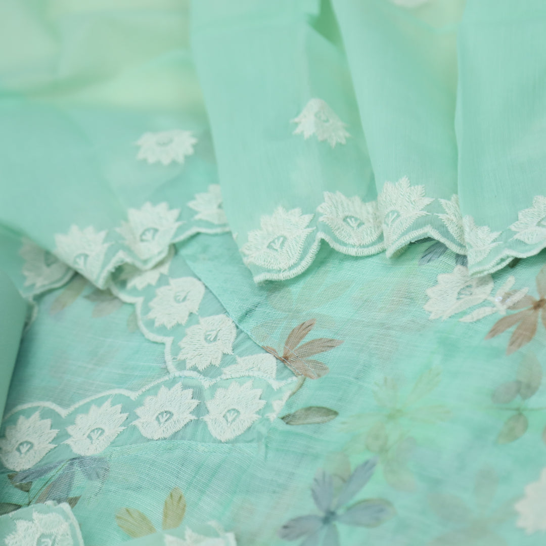 Raabta Emerald Green V Neck Lace Work Floral Printed Cotton Linen Suit Set