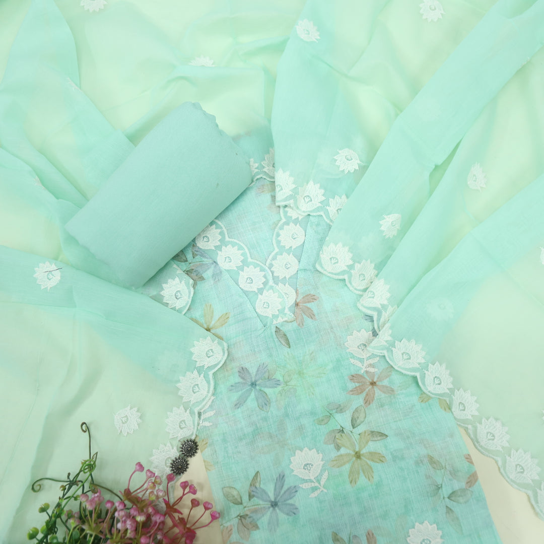 Raabta Emerald Green V Neck Lace Work Floral Printed Cotton Linen Suit Set