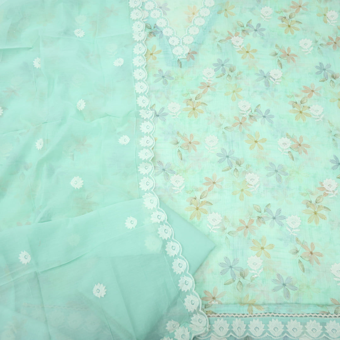 Raabta Emerald Green V Neck Lace Work Floral Printed Cotton Linen Suit Set