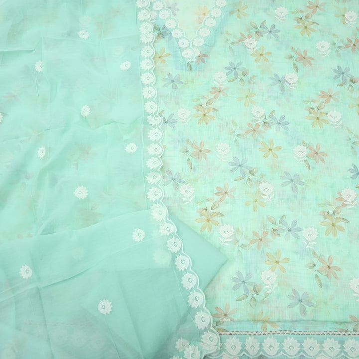 Raabta Emerald Green V Neck Lace Work Floral Printed Cotton Linen Suit Set