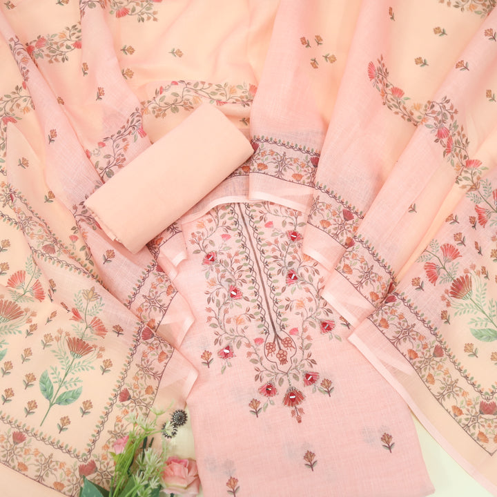 Raabta Light Peach Floral Printed Neck Zari Work Cotton Linen Suit Set