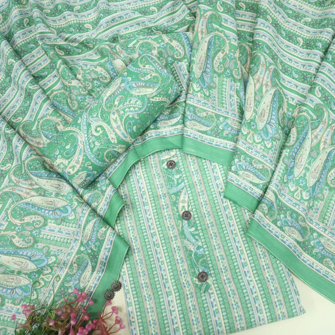 Safar Pear Green Button Detailing Printed Semi Pashmina Suit Set