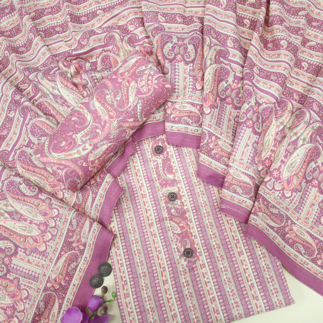 Safar Russion Vilot Purple Button Detailing Printed Semi Pashmina Suit Set
