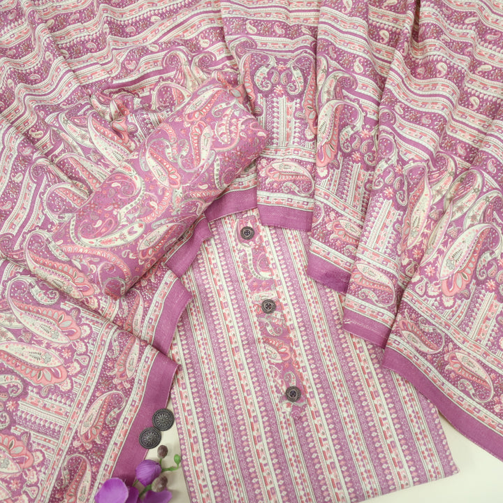 Safar Russion Vilot Purple Button Detailing Printed Semi Pashmina Suit Set