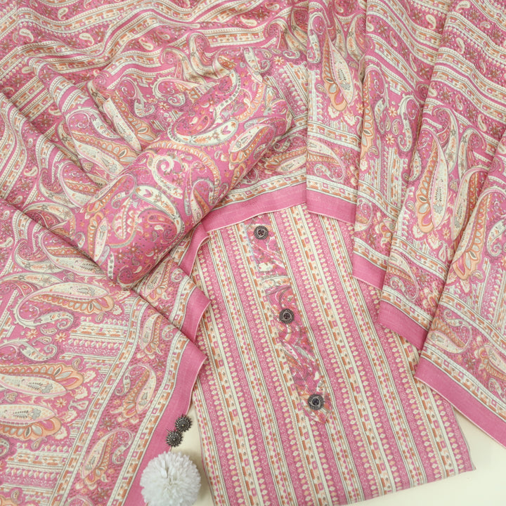 Safar Watermelon Pink Button Detailing Printed Semi Pashmina Suit Set