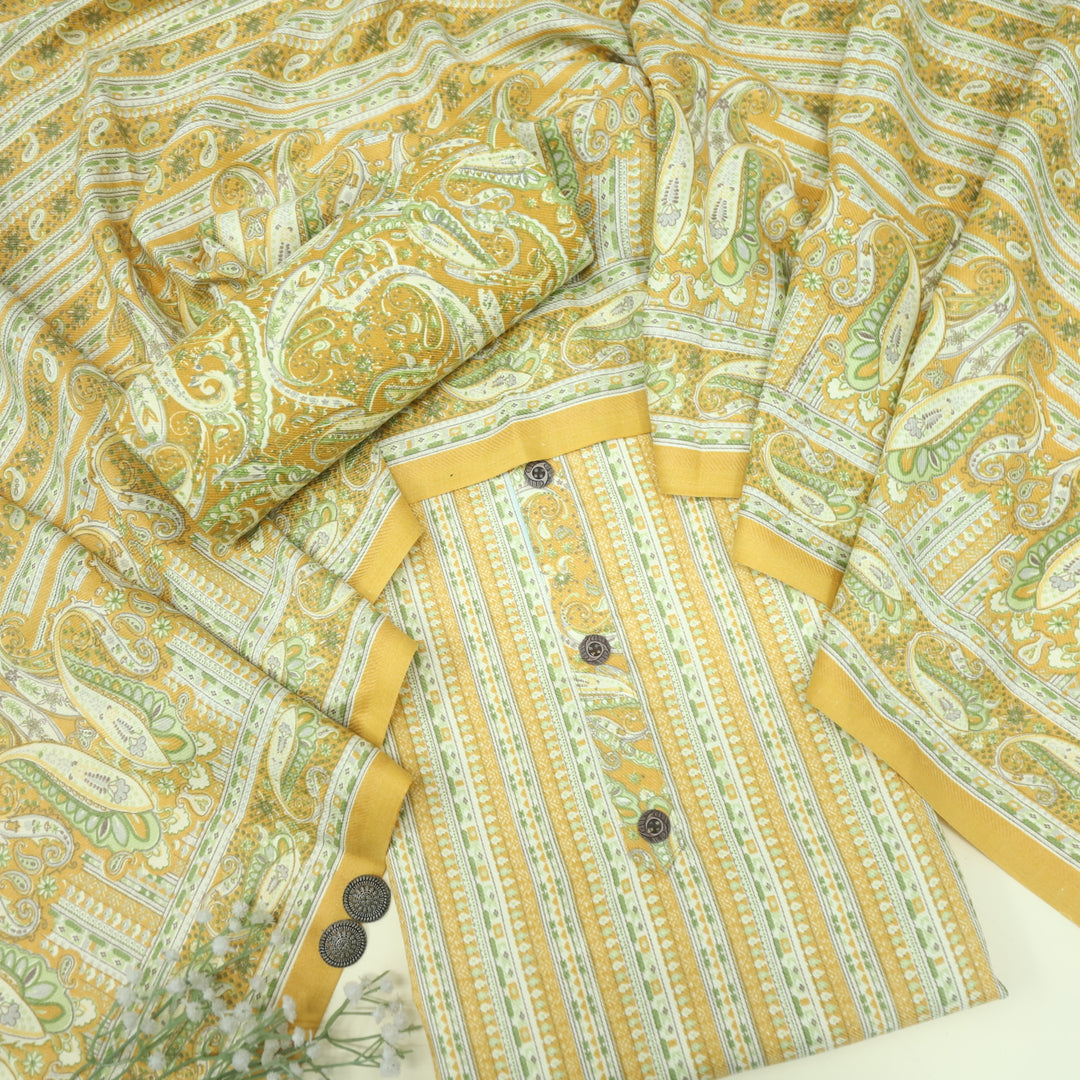 Safar Royal Yellow Button Detailing Printed Semi Pashmina Suit Set