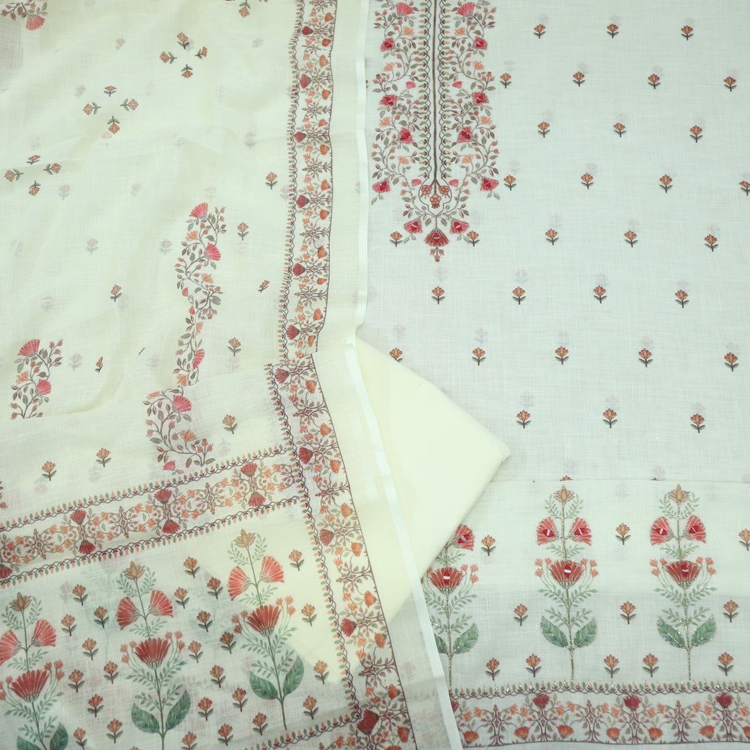 Raabta Parchment Yellow Floral Printed Neck Zari Work Cotton Linen Suit Set