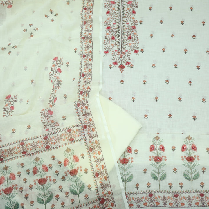 Raabta Parchment Yellow Floral Printed Neck Zari Work Cotton Linen Suit Set