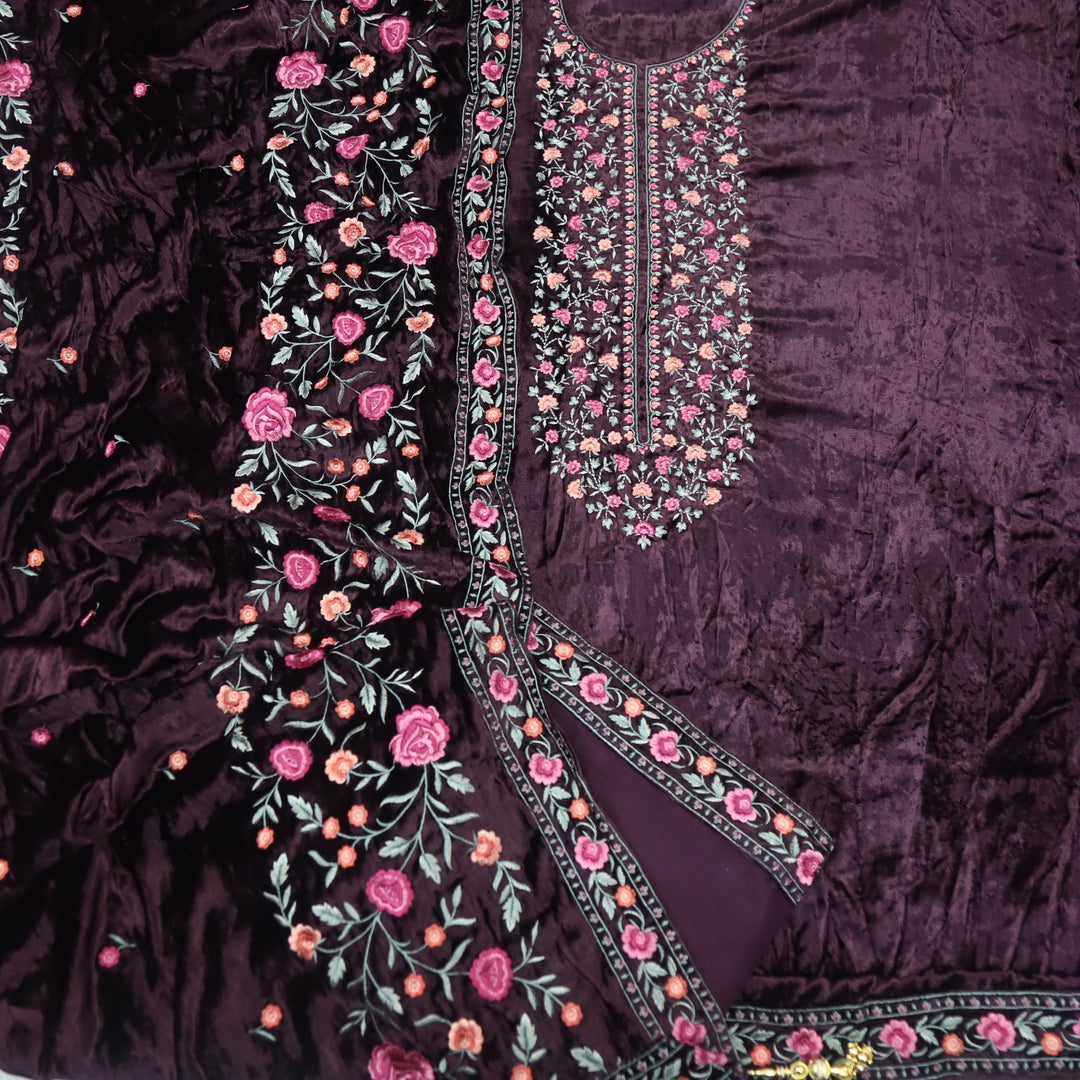 Hamsafar Royal Purple Embroidered Thread Neck Work Velvet Suit Set