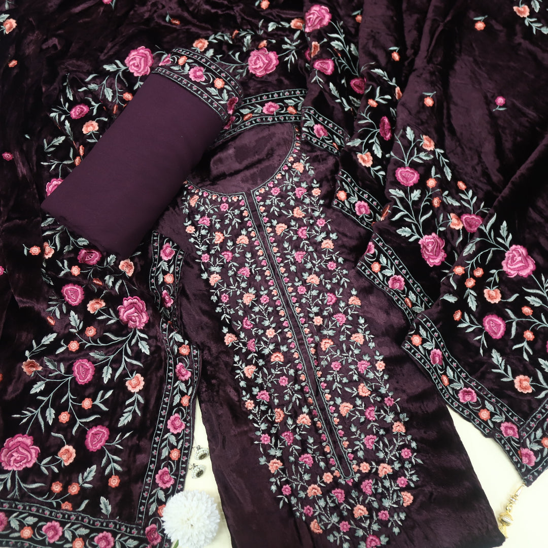 Hamsafar Royal Purple Embroidered Thread Neck Work Velvet Suit Set
