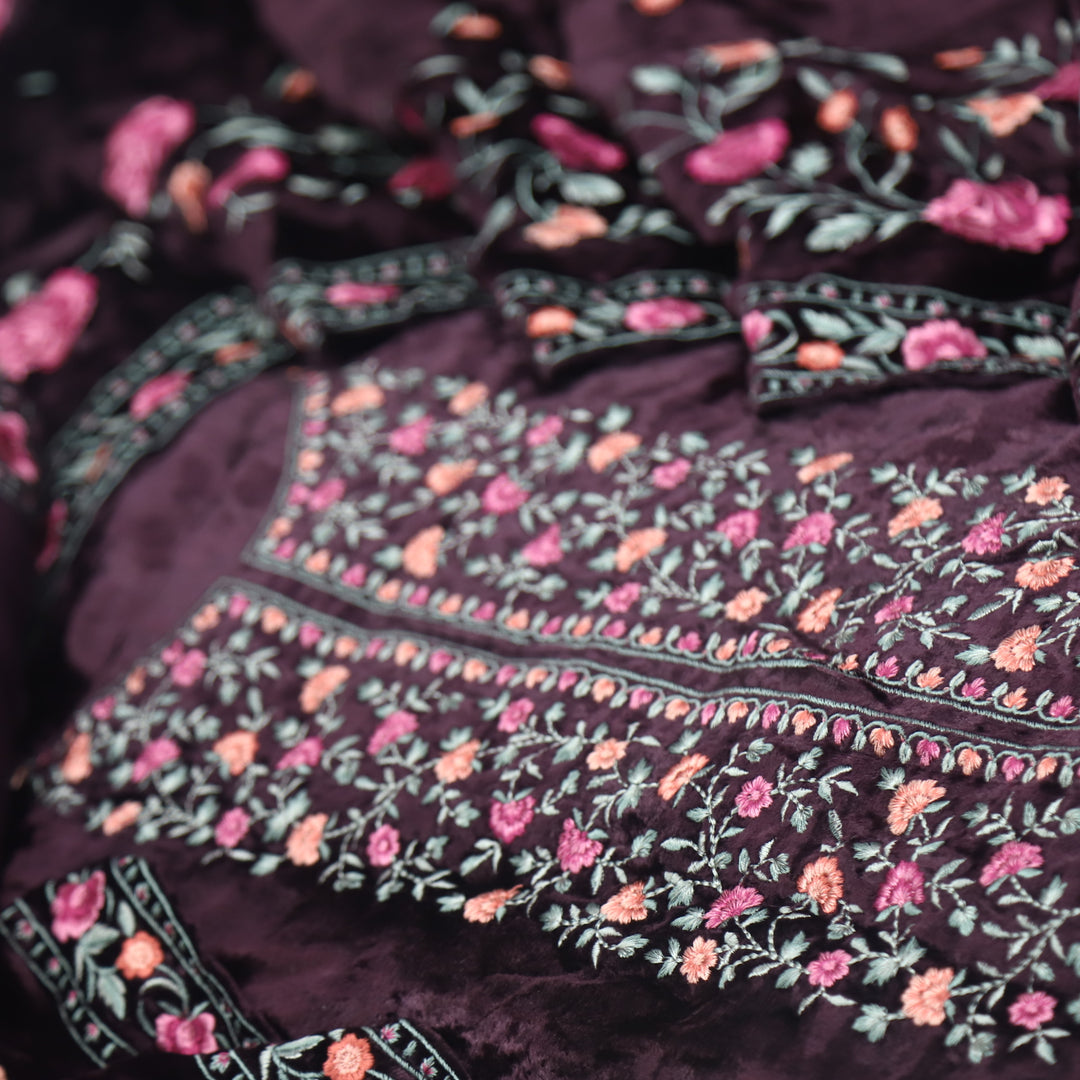 Hamsafar Royal Purple Embroidered Thread Neck Work Velvet Suit Set