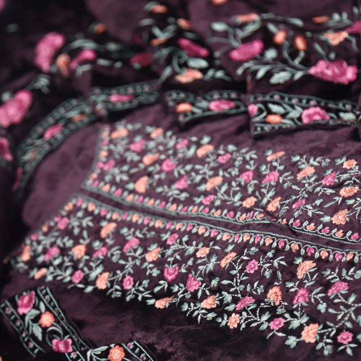 Hamsafar Royal Purple Embroidered Thread Neck Work Velvet Suit Set