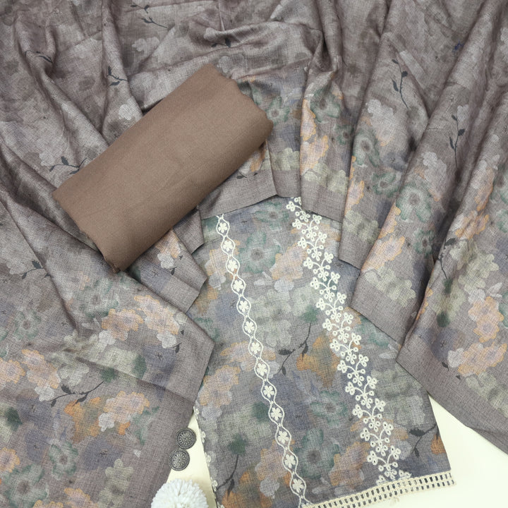 Ibrat Penny Brown Thread Weaved Printed Semi Pashmina Set
