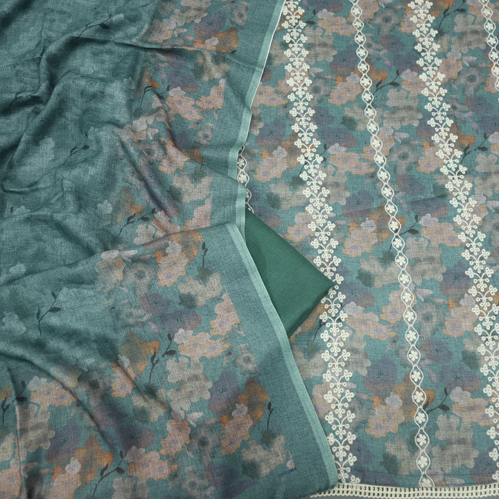 Ibrat Pine Green Thread Weaved Printed Semi Pashmina Set