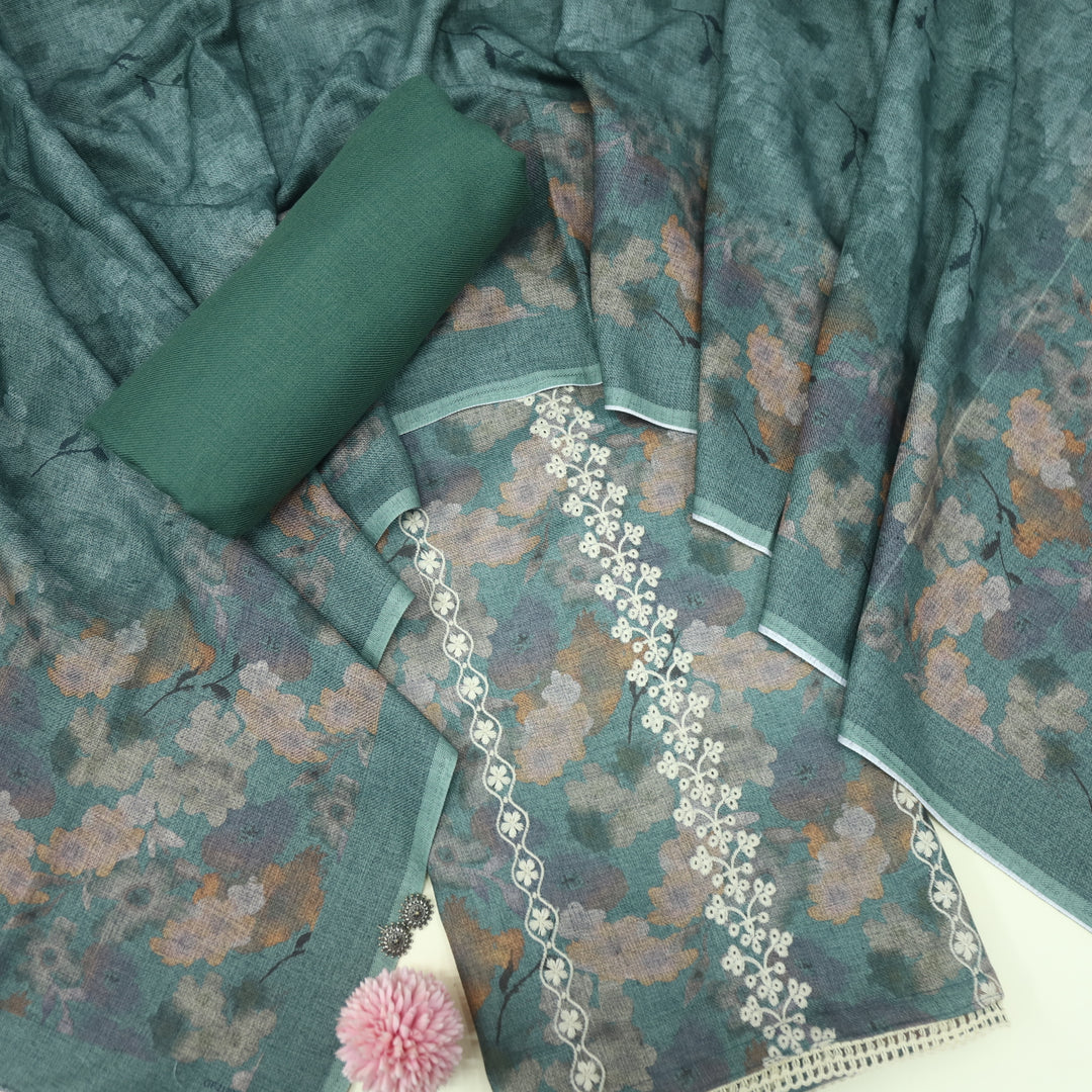 Ibrat Pine Green Thread Weaved Printed Semi Pashmina Set