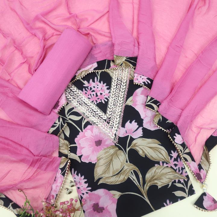 Ibrat Oil Black with Orchid Purple Floral Printed V Embellished Neck Cotton Suit Set