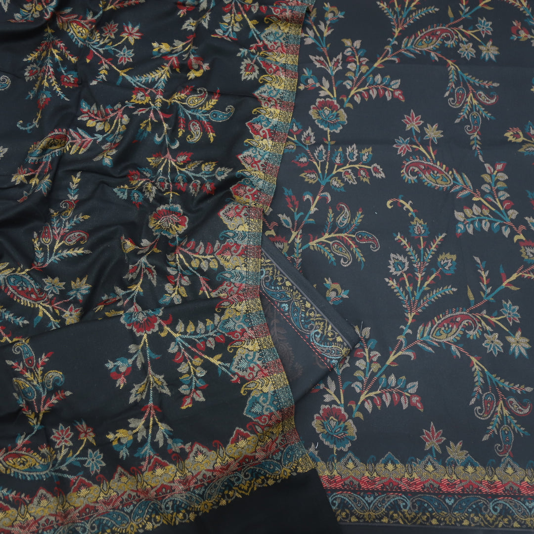 Dilbara Night Black Blue Digital Vintage Floral Printed Semi Pashmina Suit Set
