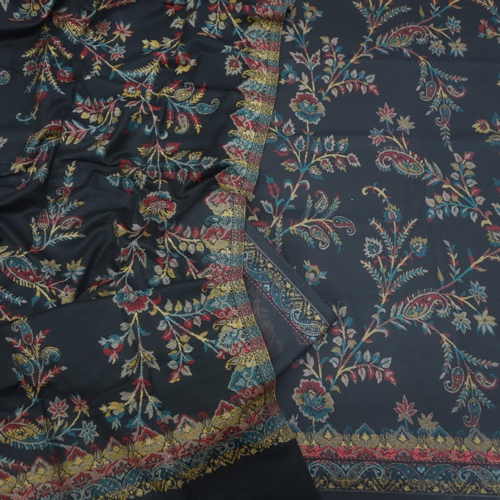 Dilbara Night Black Blue Digital Vintage Floral Printed Semi Pashmina Suit Set