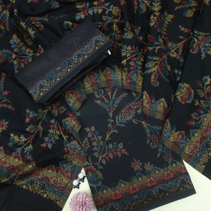 Dilbara Night Black Blue Digital Vintage Floral Printed Semi Pashmina Suit Set