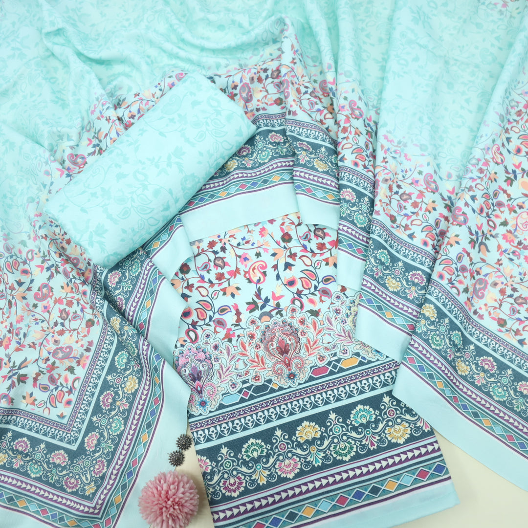 Dilbara Beach Sky Blue Digital floral Printed Semi Pashmina Suit Set