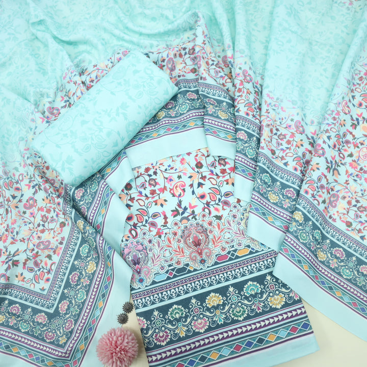 Dilbara Beach Sky Blue Digital floral Printed Semi Pashmina Suit Set
