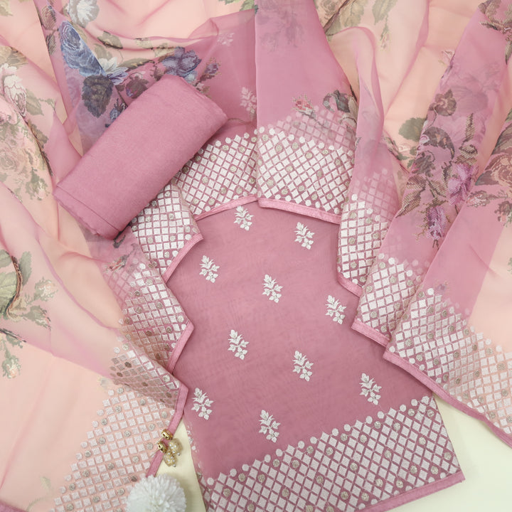 Nayara Salmon Pink Thread Work with Zari Organza Suit Set