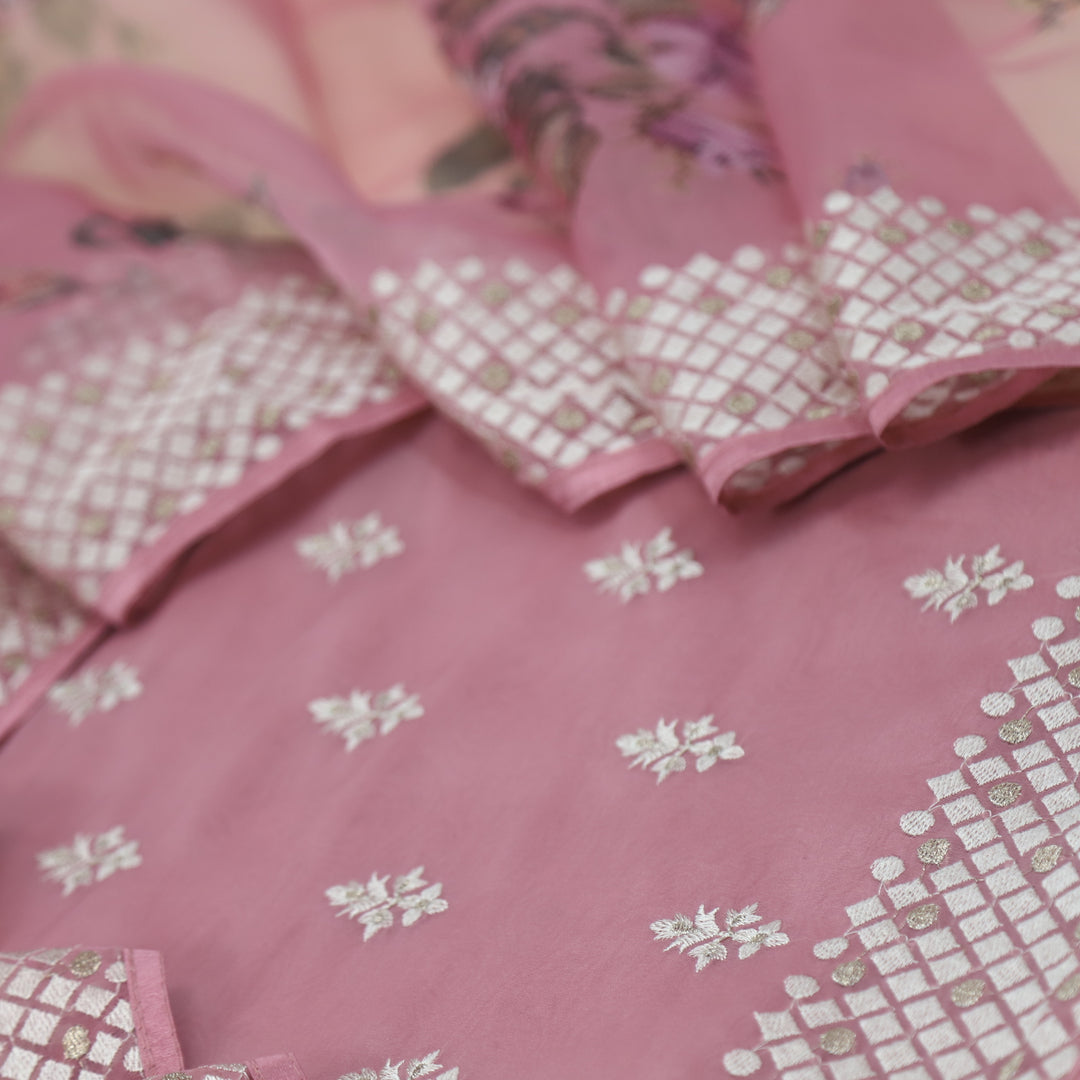 Nayara Salmon Pink Thread Work with Zari Organza Suit Set