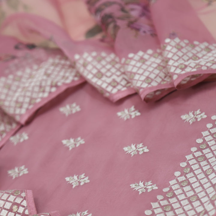 Nayara Salmon Pink Thread Work with Zari Organza Suit Set
