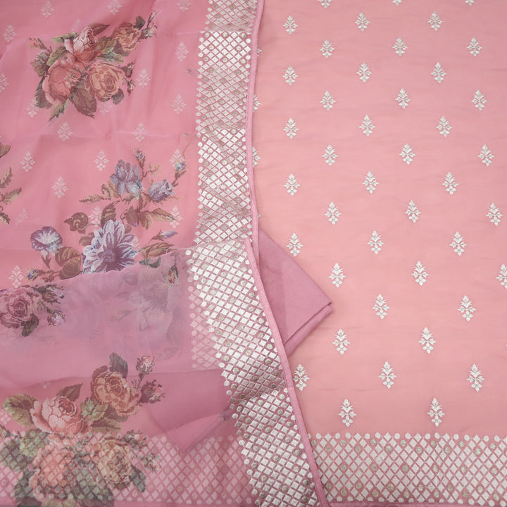 Nayara Salmon Pink Thread Work with Zari Organza Suit Set