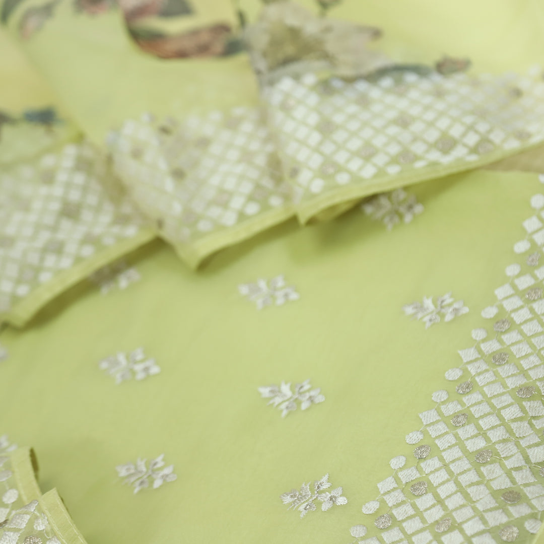 Nayara Lizard Green Thread Work with Zari Organza Suit Set