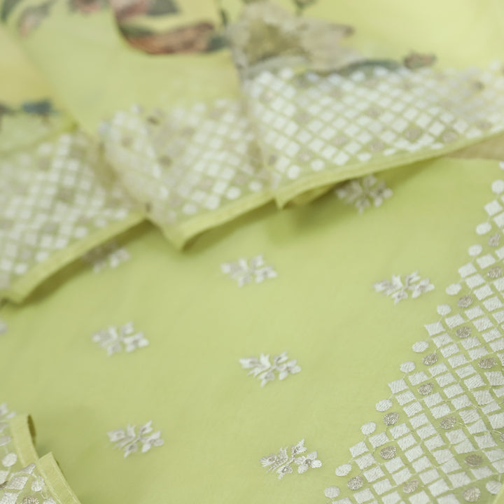 Nayara Lizard Green Thread Work with Zari Organza Suit Set