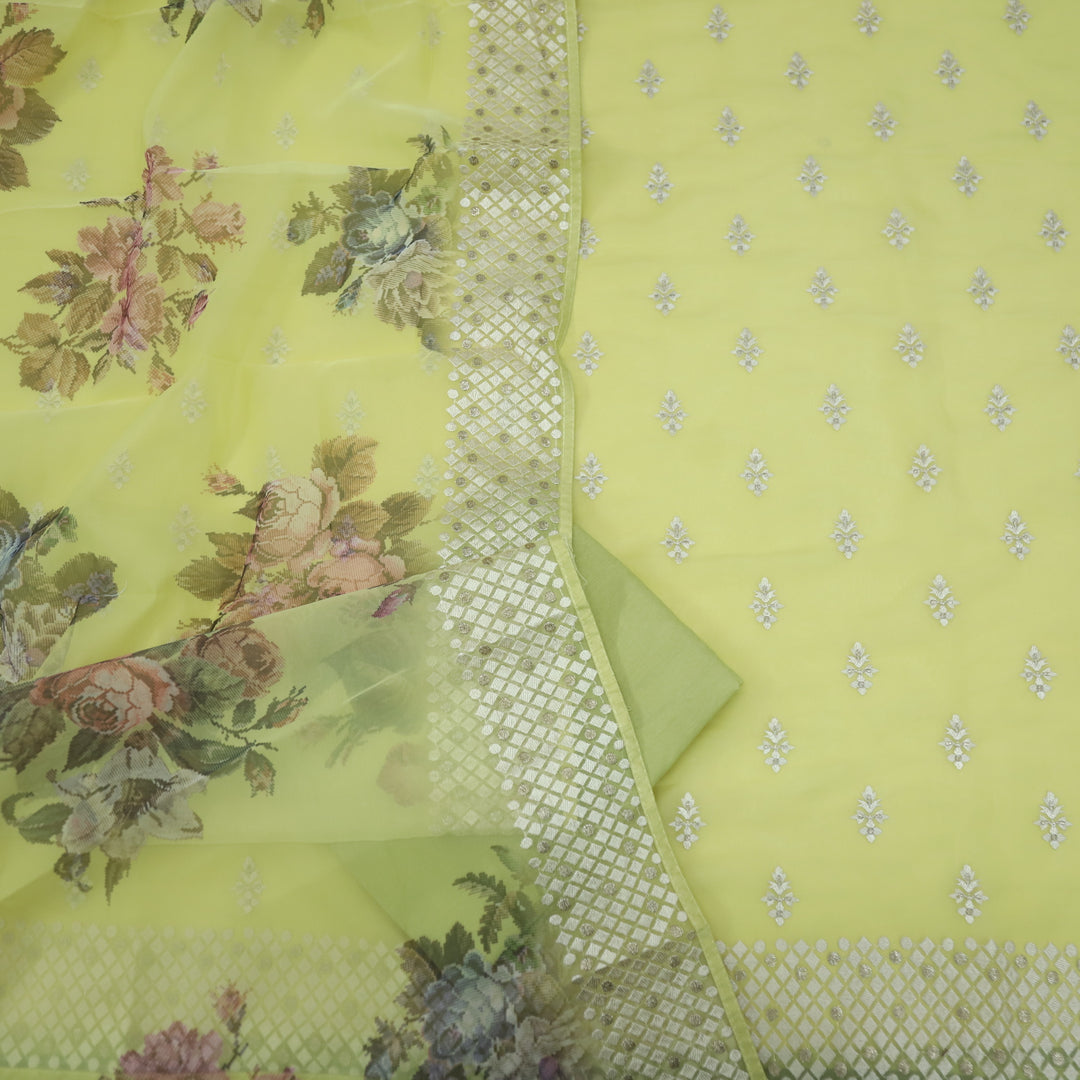 Nayara Lizard Green Thread Work with Zari Organza Suit Set
