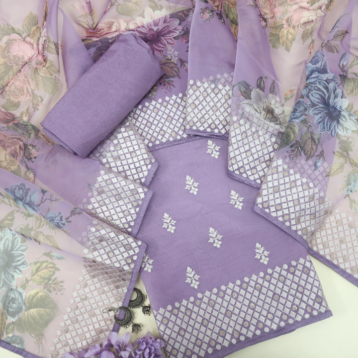 Nayara Priwinkle Purple Thread Work with Zari Organza Suit Set