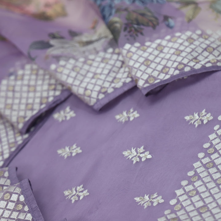 Nayara Priwinkle Purple Thread Work with Zari Organza Suit Set