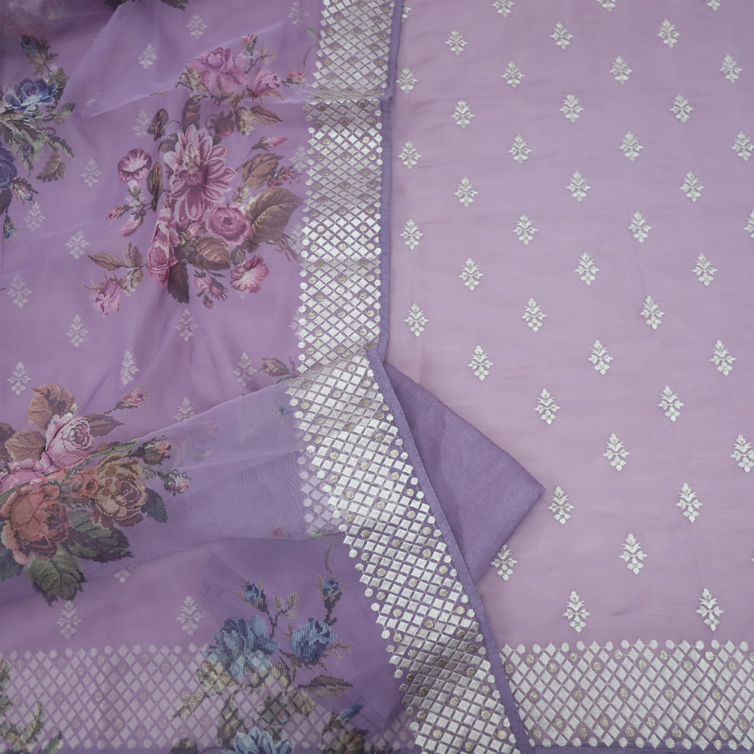 Nayara Priwinkle Purple Thread Work with Zari Organza Suit Set