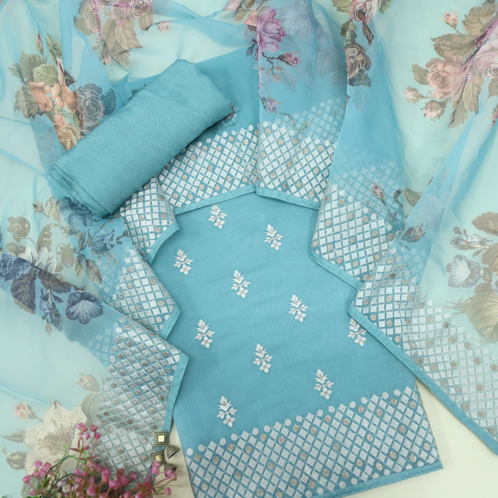 Nayara Baby Blue Thread Work with Zari Organza Suit Set