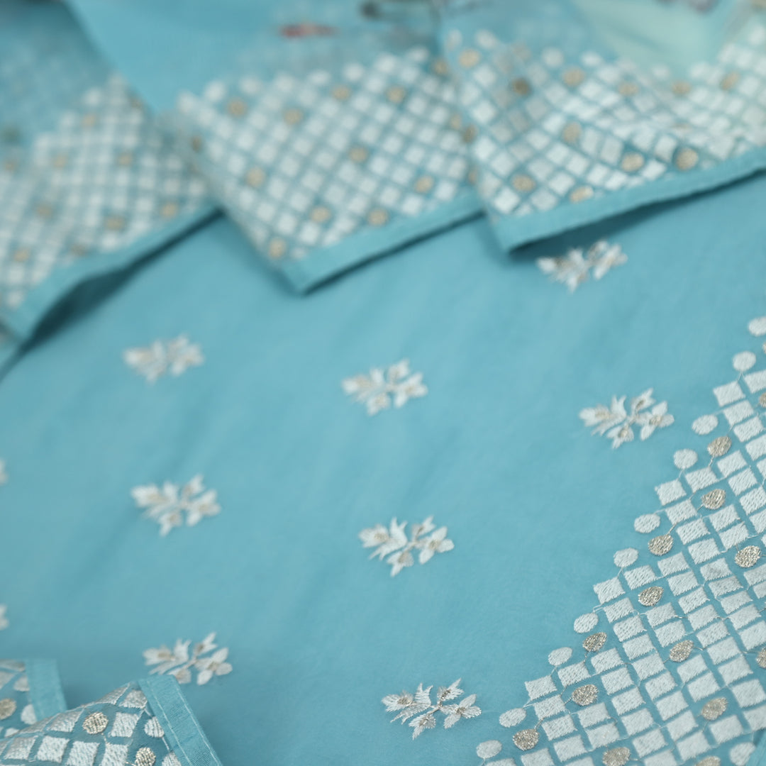 Nayara Baby Blue Thread Work with Zari Organza Suit Set