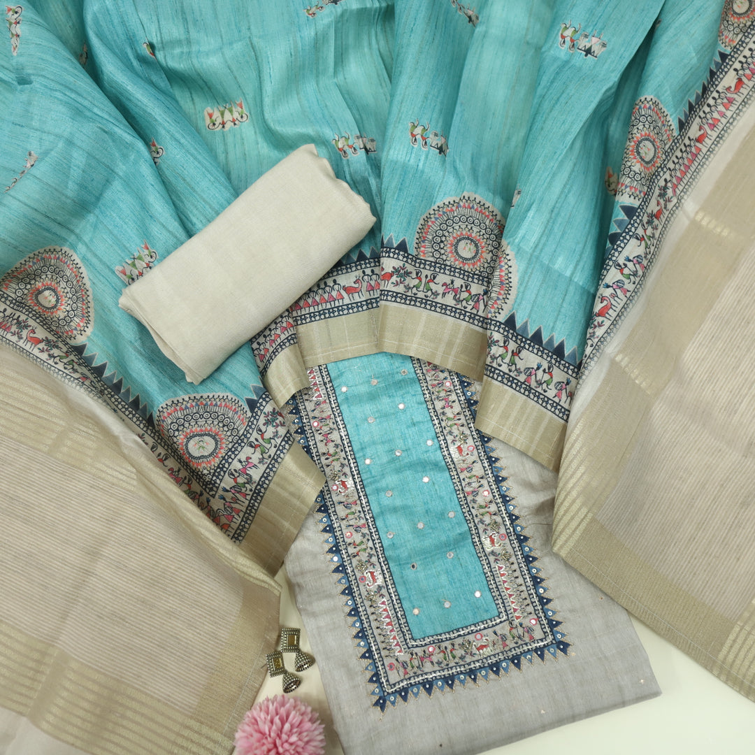Tanzeel Sand Beige with Blue Zari Work Printed Tussar Chanderi Suit Set