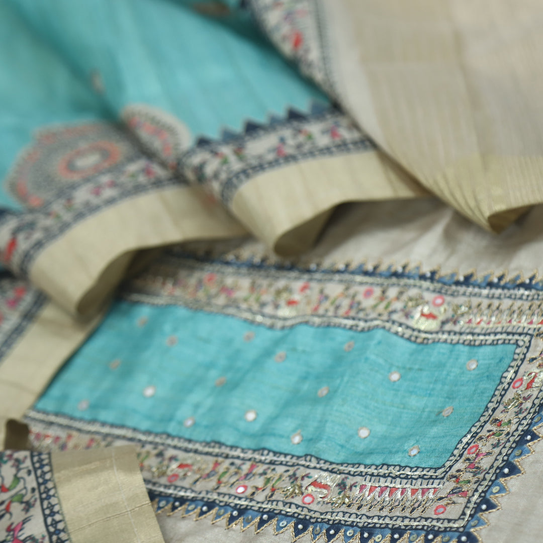 Tanzeel Sand Beige with Blue Zari Work Printed Tussar Chanderi Suit Set