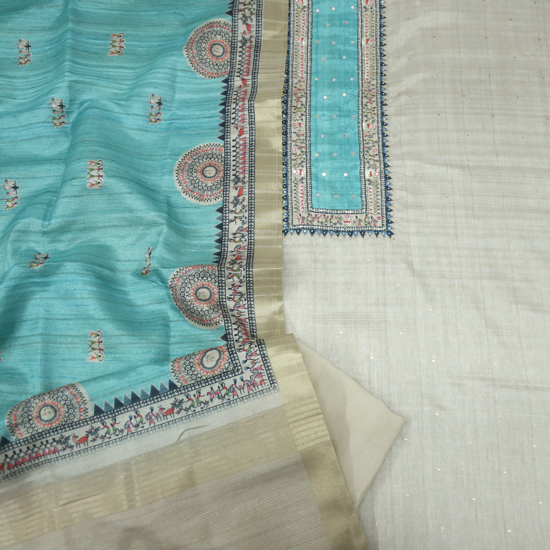 Tanzeel Sand Beige with Blue Zari Work Printed Tussar Chanderi Suit Set