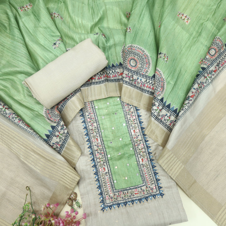 Tanzeel Sand Beige with Green Zari Work Printed Tussar Chanderi Suit Set